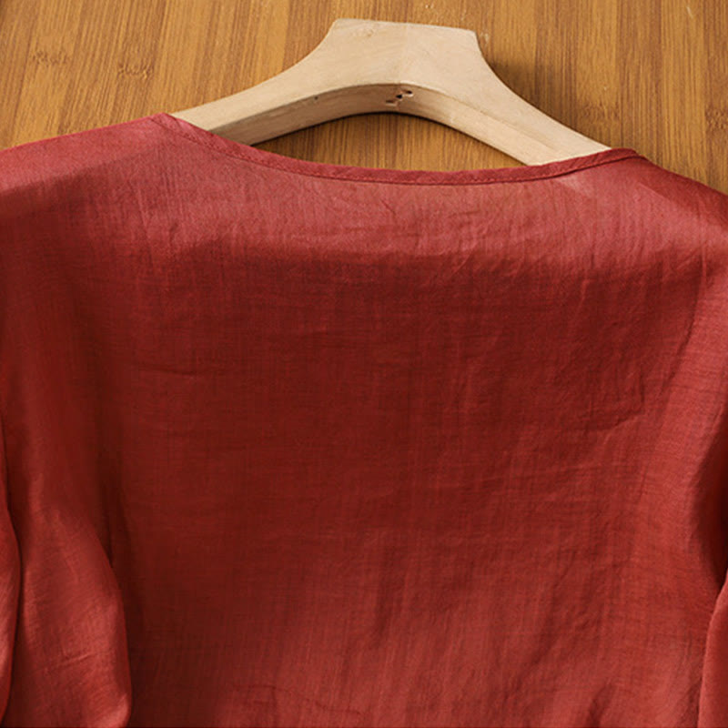 Chemise décontractée à manches mi-longues et col ras du cou pour femme, en coton et polyester, avec broderies florales et Buddha Stones - image 4