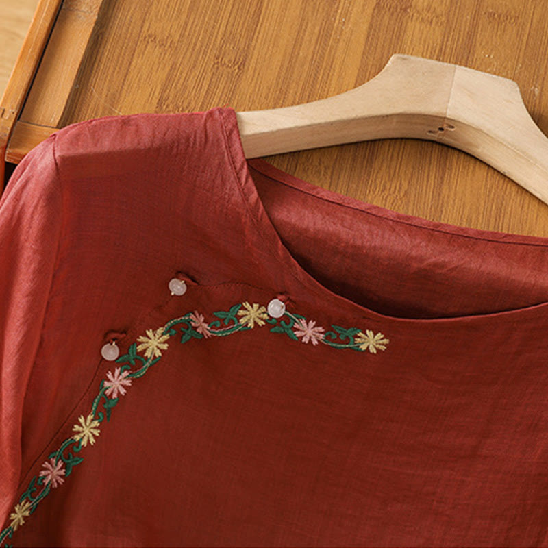 Chemise décontractée à manches mi-longues et col ras du cou pour femme, en coton et polyester, avec broderies florales et Buddha Stones - image 3