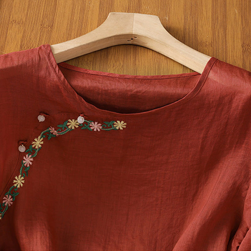 Chemise décontractée à manches mi-longues et col ras du cou pour femme, en coton et polyester, avec broderies florales et Buddha Stones - image 2