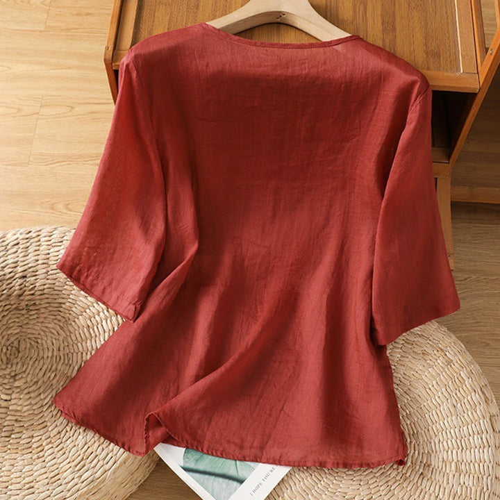 Chemise décontractée à manches mi-longues et col ras du cou pour femme, en coton et polyester, avec broderies florales et Buddha Stones - image 1