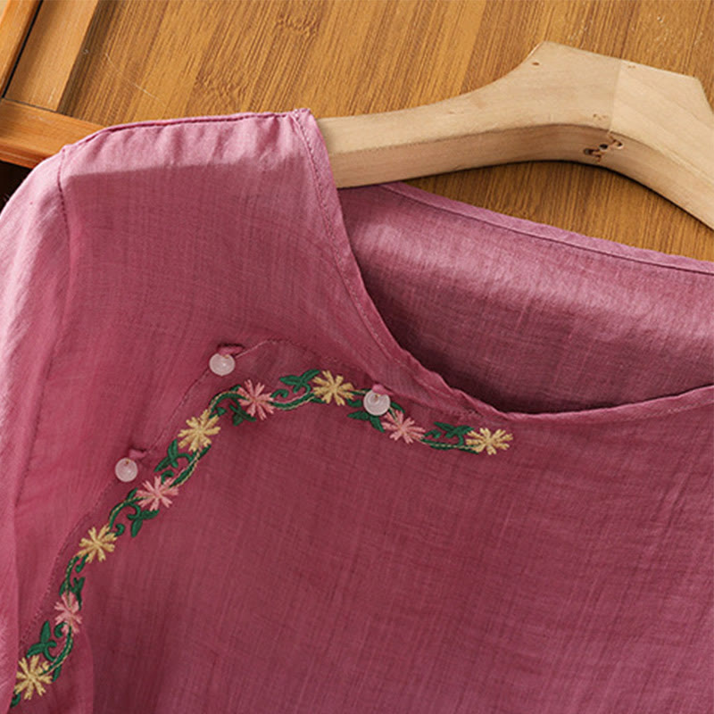 Chemise décontractée à manches mi-longues et col ras du cou pour femme, en coton et polyester, avec broderies florales et Buddha Stones - image 11