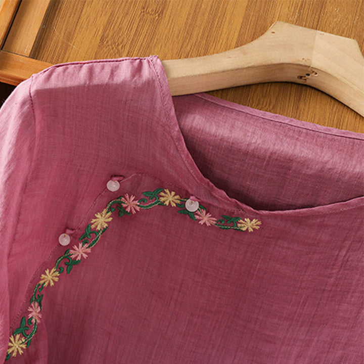 Chemise décontractée à manches mi-longues et col ras du cou pour femme, en coton et polyester, avec broderies florales et Buddha Stones - image 11