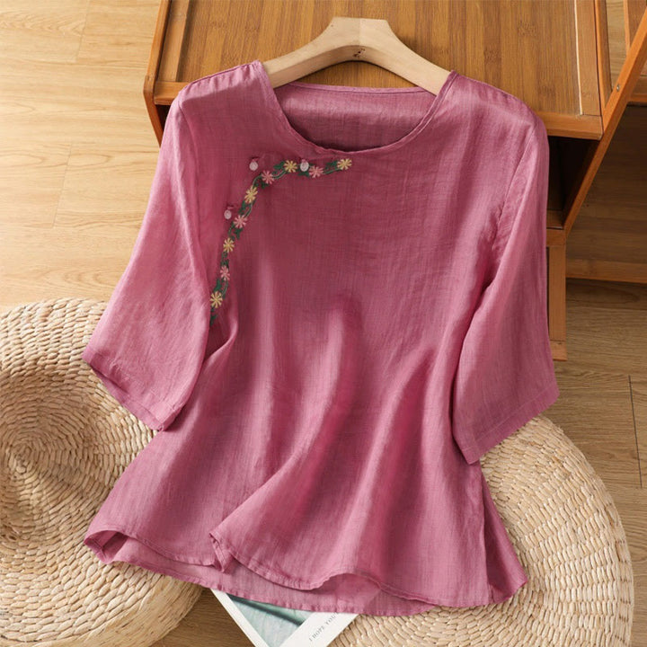 Chemise décontractée à manches mi-longues et col ras du cou pour femme, en coton et polyester, avec broderies florales et Buddha Stones - Rouge violet pâle - US14，UK/AU18，EU46 (2XL) - image 7