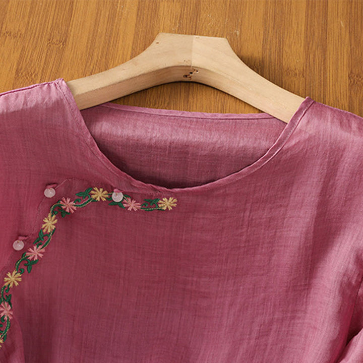 Chemise décontractée à manches mi-longues et col ras du cou pour femme, en coton et polyester, avec broderies florales et Buddha Stones - image 14