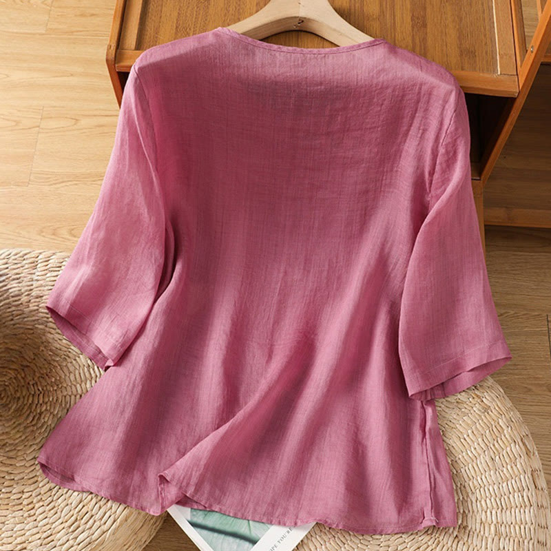 Chemise décontractée à manches mi-longues et col ras du cou pour femme, en coton et polyester, avec broderies florales et Buddha Stones - image 8