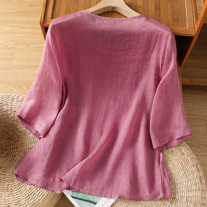 Chemise décontractée à manches mi-longues et col ras du cou pour femme, en coton et polyester, avec broderies florales et Buddha Stones - image 8