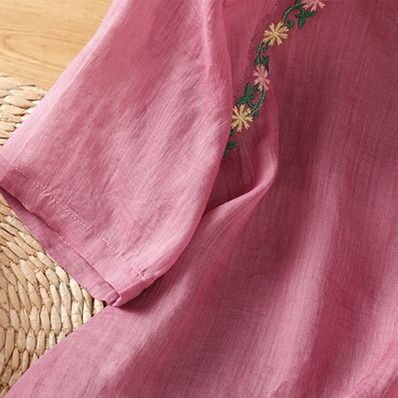 Chemise décontractée à manches mi-longues et col ras du cou pour femme, en coton et polyester, avec broderies florales et Buddha Stones - image 12