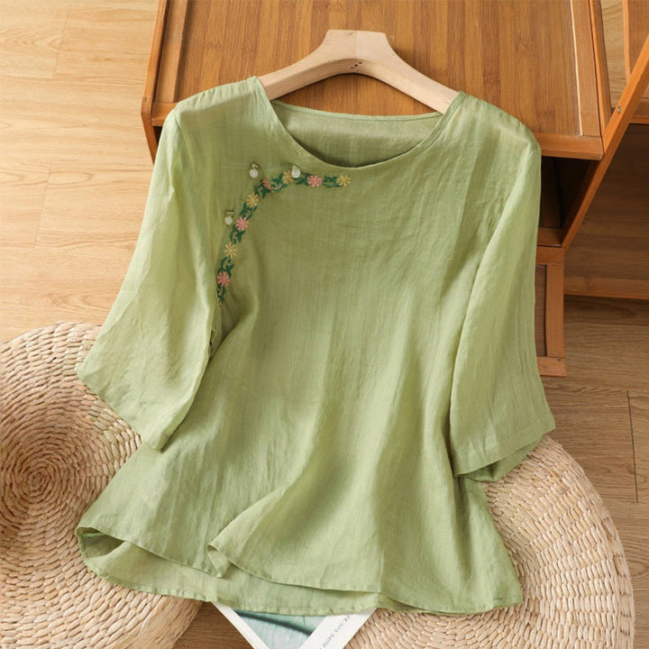 Chemise décontractée à manches mi-longues et col ras du cou pour femme, en coton et polyester, avec broderies florales et Buddha Stones - Vert clair - US14，UK/AU18，EU46 (2XL) - image 16