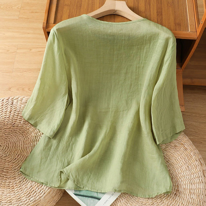 Chemise décontractée à manches mi-longues et col ras du cou pour femme, en coton et polyester, avec broderies florales et Buddha Stones - image 17