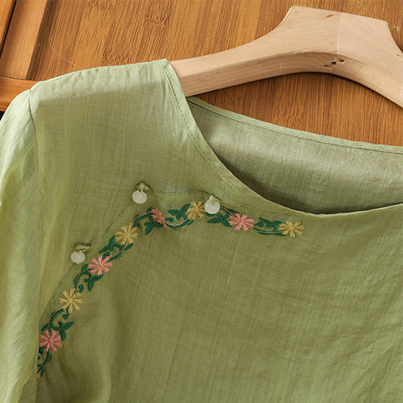 Chemise décontractée à manches mi-longues et col ras du cou pour femme, en coton et polyester, avec broderies florales et Buddha Stones - image 20