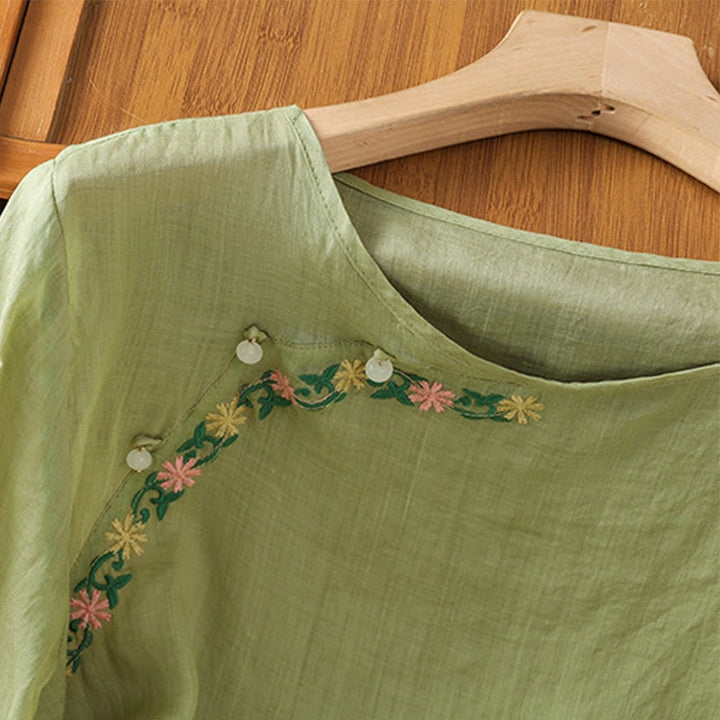 Chemise décontractée à manches mi-longues et col ras du cou pour femme, en coton et polyester, avec broderies florales et Buddha Stones - image 20