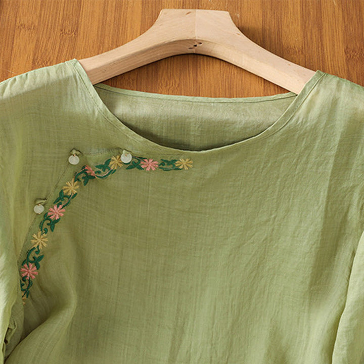 Chemise décontractée à manches mi-longues et col ras du cou pour femme, en coton et polyester, avec broderies florales et Buddha Stones - image 21