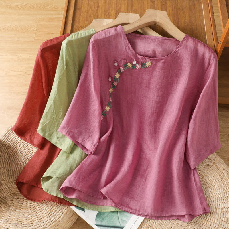 Chemise décontractée à manches mi-longues et col ras du cou pour femme, en coton et polyester, avec broderies florales et Buddha Stones - image 22