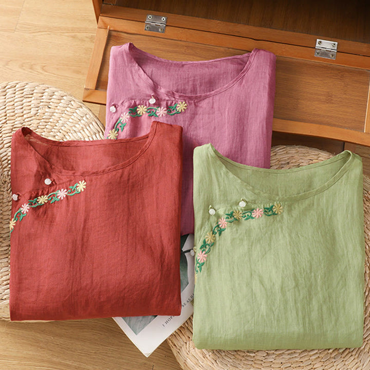 Chemise décontractée à manches mi-longues et col ras du cou pour femme, en coton et polyester, avec broderies florales et Buddha Stones - image 23