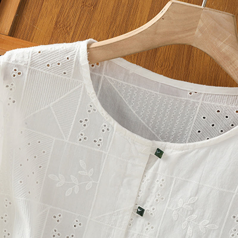 Chemise décontractée à manches mi-longues et col ras du cou pour femme, en coton et polyester, avec broderies ajourées et Buddha Stones - image 3