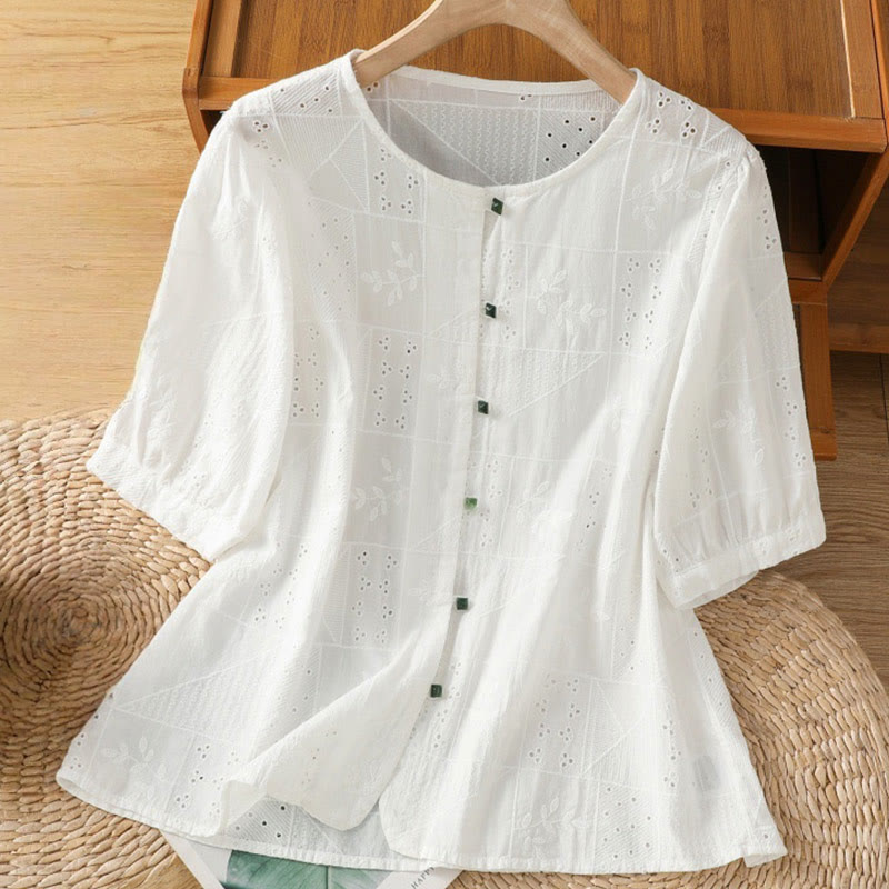 Chemise décontractée à manches mi-longues et col ras du cou pour femme, en coton et polyester, avec broderies ajourées et Buddha Stones - Blanc - US8-10，UK/AU12-14，EU40-42 (2XL) - image 1