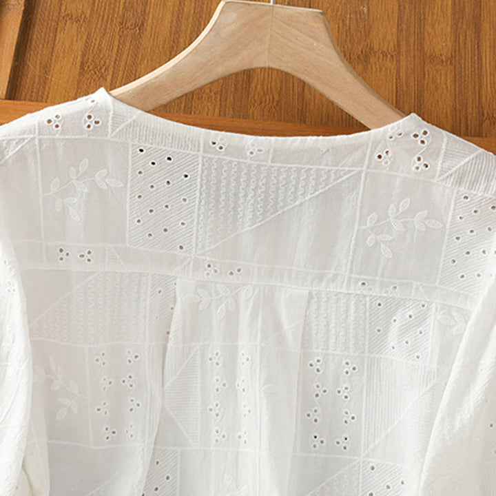 Chemise décontractée à manches mi-longues et col ras du cou pour femme, en coton et polyester, avec broderies ajourées et Buddha Stones - image 2