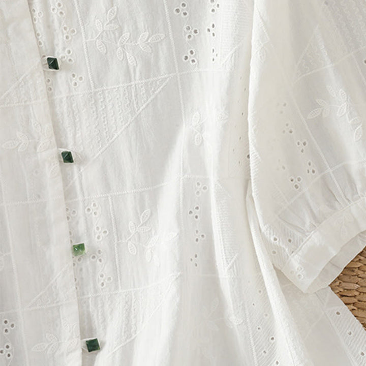 Chemise décontractée à manches mi-longues et col ras du cou pour femme, en coton et polyester, avec broderies ajourées et Buddha Stones - image 4