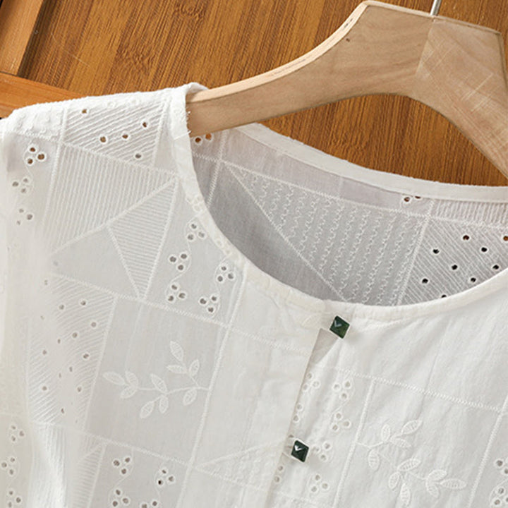 Chemise décontractée à manches mi-longues et col ras du cou pour femme, en coton et polyester, avec broderies ajourées et Buddha Stones - image 4