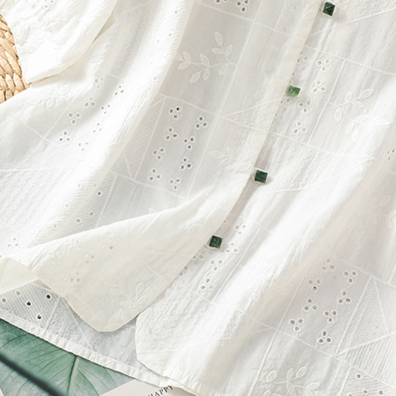 Chemise décontractée à manches mi-longues et col ras du cou pour femme, en coton et polyester, avec broderies ajourées et Buddha Stones - image 5