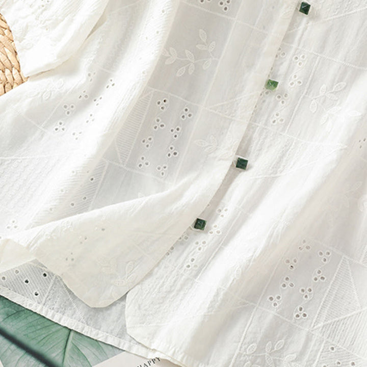 Chemise décontractée à manches mi-longues et col ras du cou pour femme, en coton et polyester, avec broderies ajourées et Buddha Stones - image 5