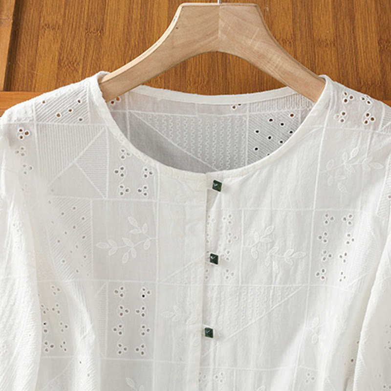 Chemise décontractée à manches mi-longues et col ras du cou pour femme, en coton et polyester, avec broderies ajourées et Buddha Stones - image 2