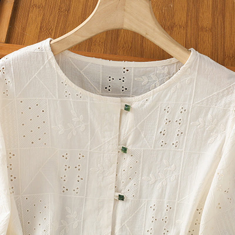 Chemise décontractée à manches mi-longues et col ras du cou pour femme, en coton et polyester, avec broderies ajourées et Buddha Stones - image 7