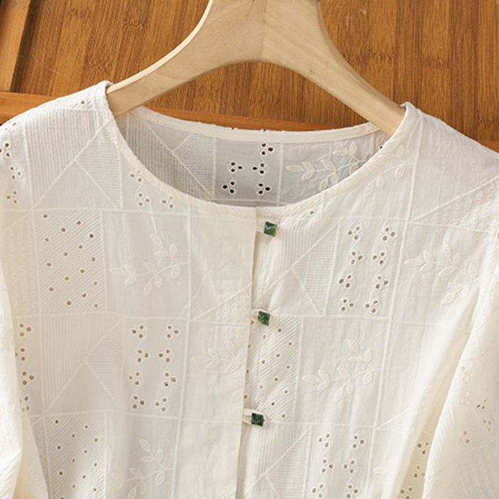 Chemise décontractée à manches mi-longues et col ras du cou pour femme, en coton et polyester, avec broderies ajourées et Buddha Stones - image 7