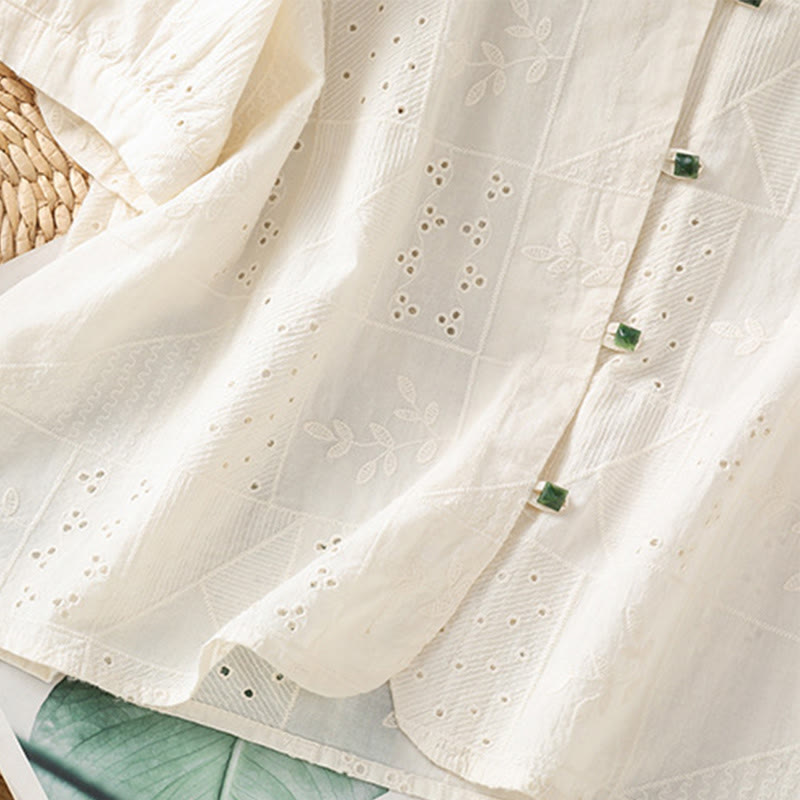 Chemise décontractée à manches mi-longues et col ras du cou pour femme, en coton et polyester, avec broderies ajourées et Buddha Stones - image 13
