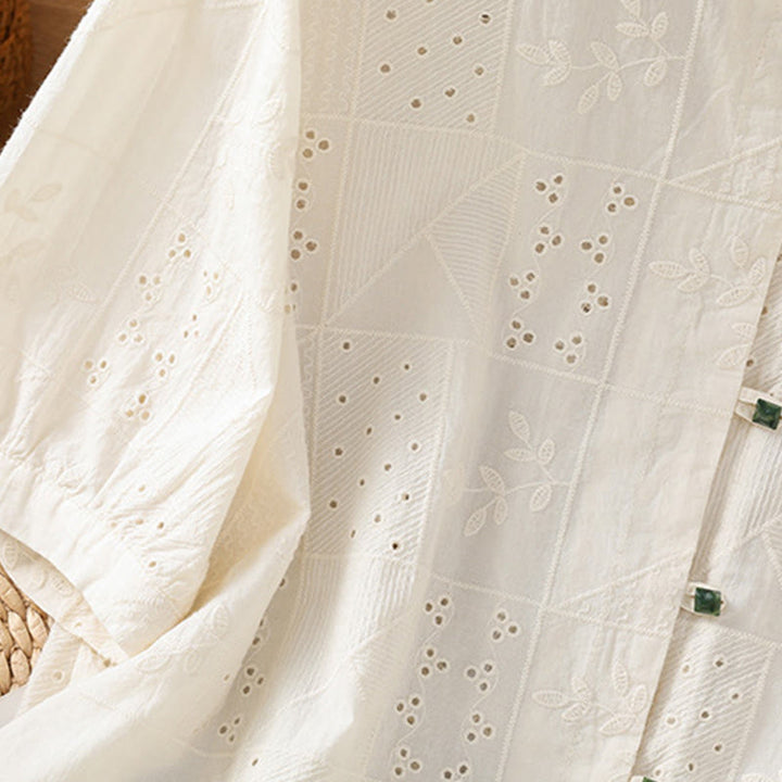 Chemise décontractée à manches mi-longues et col ras du cou pour femme, en coton et polyester, avec broderies ajourées et Buddha Stones - image 11