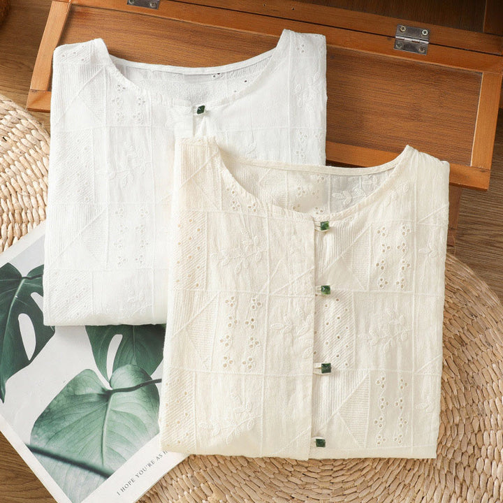 Chemise décontractée à manches mi-longues et col ras du cou pour femme, en coton et polyester, avec broderies ajourées et Buddha Stones - image 16