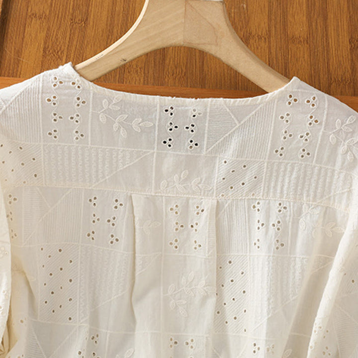 Chemise décontractée à manches mi-longues et col ras du cou pour femme, en coton et polyester, avec broderies ajourées et Buddha Stones - image 9