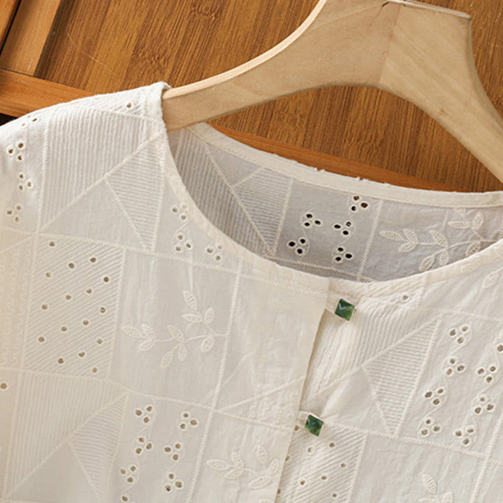 Chemise décontractée à manches mi-longues et col ras du cou pour femme, en coton et polyester, avec broderies ajourées et Buddha Stones - image 13