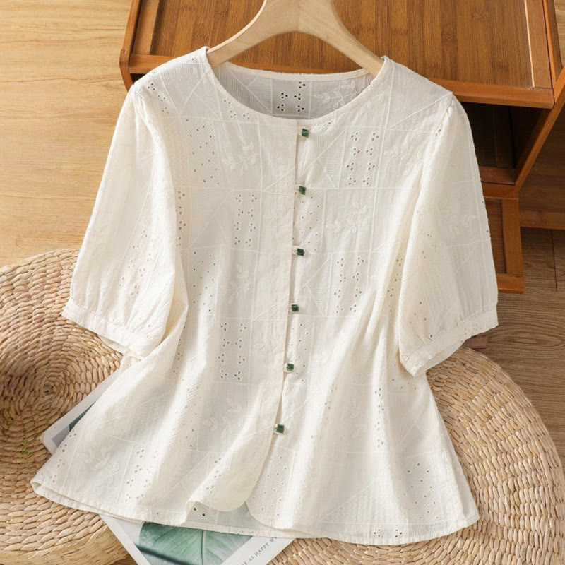Chemise décontractée à manches mi-longues et col ras du cou pour femme, en coton et polyester, avec broderies ajourées et Buddha Stones - OldLace - US8-10，UK/AU12-14，EU40-42 (2XL) - image 6