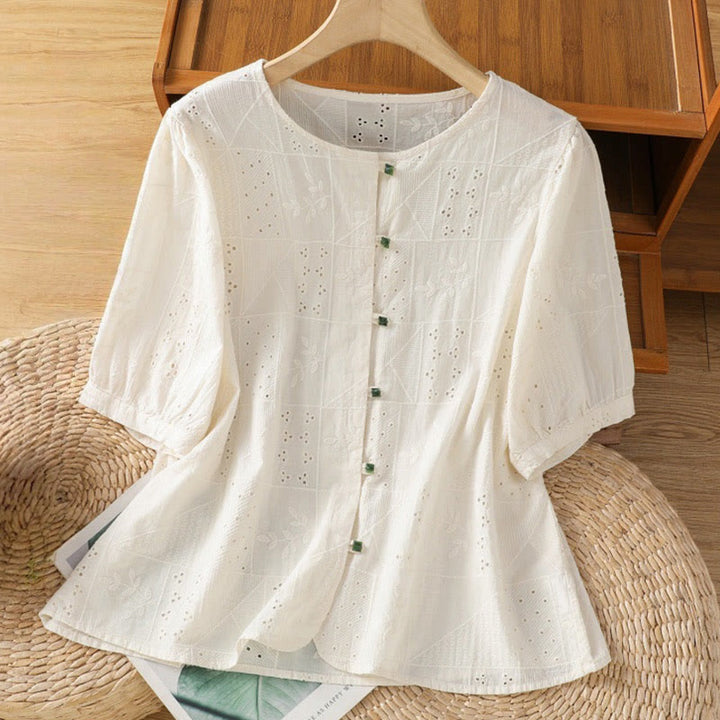 Chemise décontractée à manches mi-longues et col ras du cou pour femme, en coton et polyester, avec broderies ajourées et Buddha Stones - OldLace - US8-10，UK/AU12-14，EU40-42 (2XL) - image 6