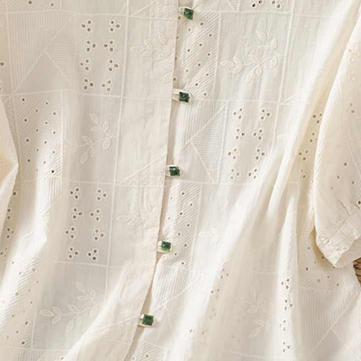 Chemise décontractée à manches mi-longues et col ras du cou pour femme, en coton et polyester, avec broderies ajourées et Buddha Stones - image 14