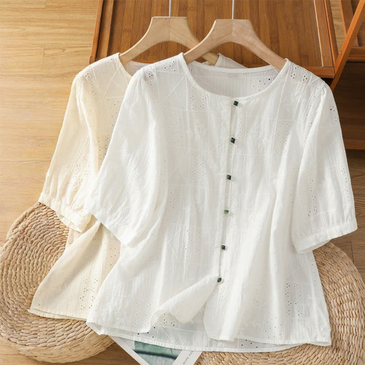 Chemise décontractée à manches mi-longues et col ras du cou pour femme, en coton et polyester, avec broderies ajourées et Buddha Stones - image 16