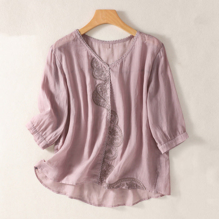 T-shirt décontracté à manches courtes et col en V pour femme, motif brodé Buddha Stones , en coton et lin - Prune - US14，UK/AU18，EU46 (2XL) - image 1