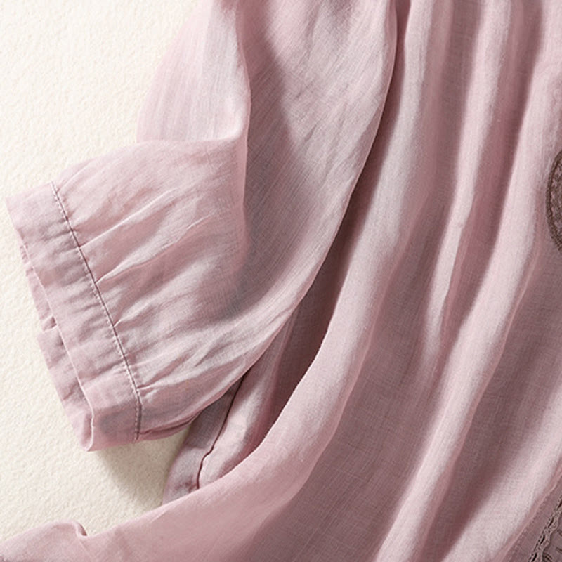 T-shirt décontracté à manches courtes et col en V pour femme, motif brodé Buddha Stones , en coton et lin - image 1