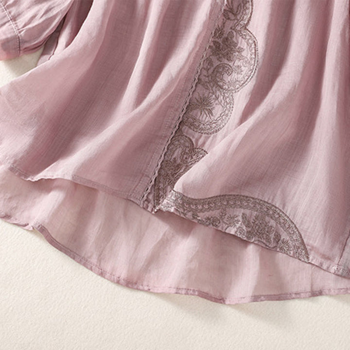 T-shirt décontracté à manches courtes et col en V pour femme, motif brodé Buddha Stones , en coton et lin - image 2