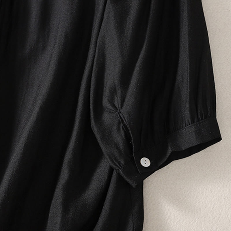 T-shirt décontracté à manches courtes et col en V pour femme, motif brodé Buddha Stones , en coton et lin - image 10