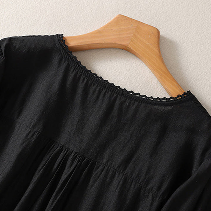 T-shirt décontracté à manches courtes et col en V pour femme, motif brodé Buddha Stones , en coton et lin - image 7