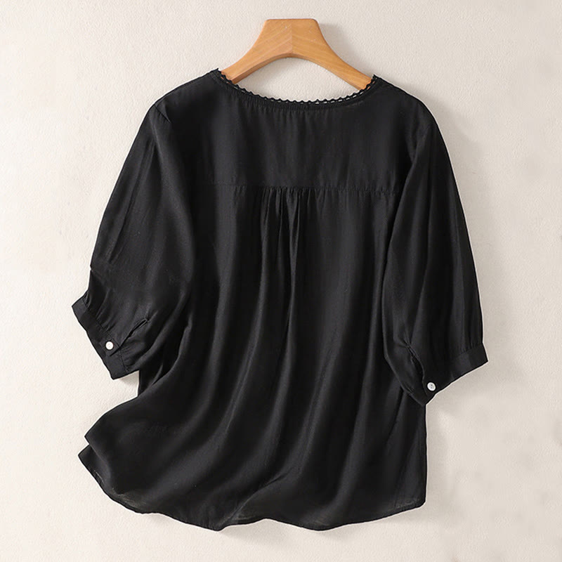 T-shirt décontracté à manches courtes et col en V pour femme, motif brodé Buddha Stones , en coton et lin - Noir - US14，UK/AU18，EU46 (2XL) - image 6
