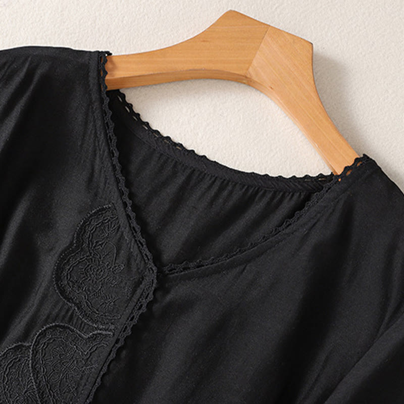 T-shirt décontracté à manches courtes et col en V pour femme, motif brodé Buddha Stones , en coton et lin - image 6