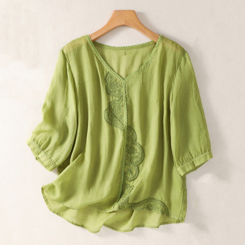 T-shirt décontracté à manches courtes et col en V pour femme, motif brodé Buddha Stones , en coton et lin - JauneVert - US14，UK/AU18，EU46 (2XL) - image 14
