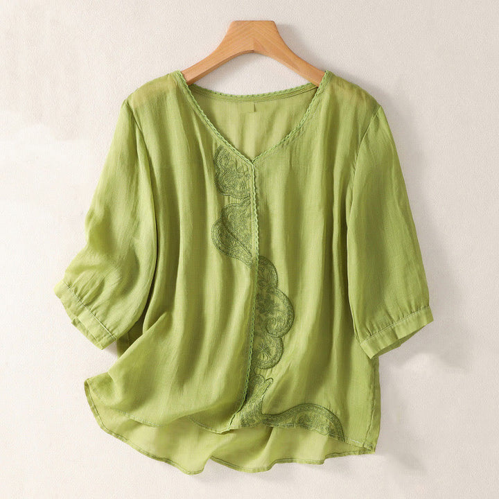 T-shirt décontracté à manches courtes et col en V pour femme, motif brodé Buddha Stones , en coton et lin - JauneVert - US14，UK/AU18，EU46 (2XL) - image 14