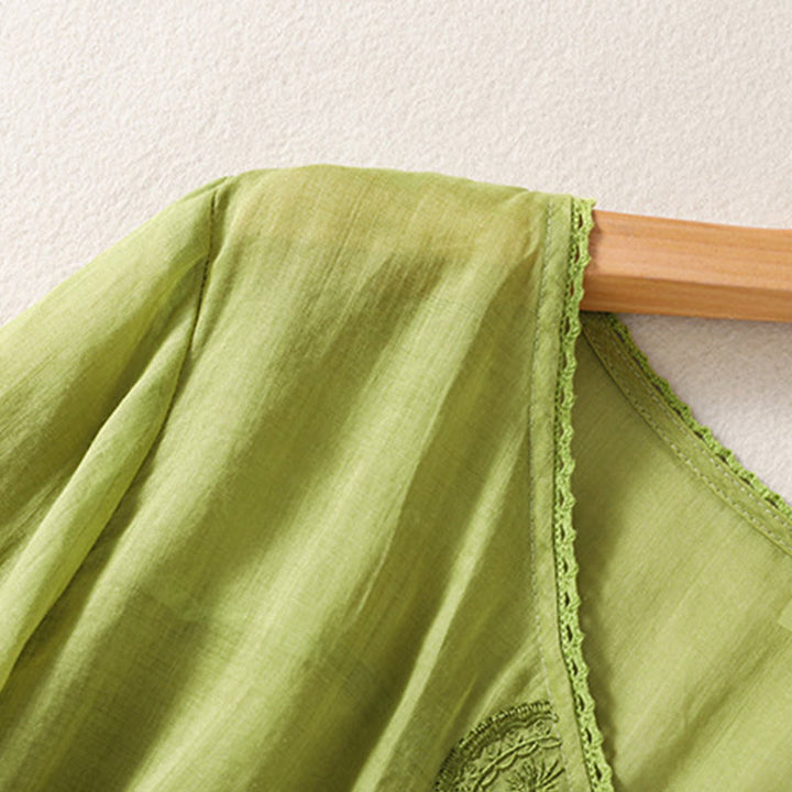 T-shirt décontracté à manches courtes et col en V pour femme, motif brodé Buddha Stones , en coton et lin - image 15