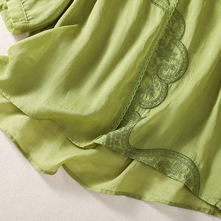 T-shirt décontracté à manches courtes et col en V pour femme, motif brodé Buddha Stones , en coton et lin - image 17