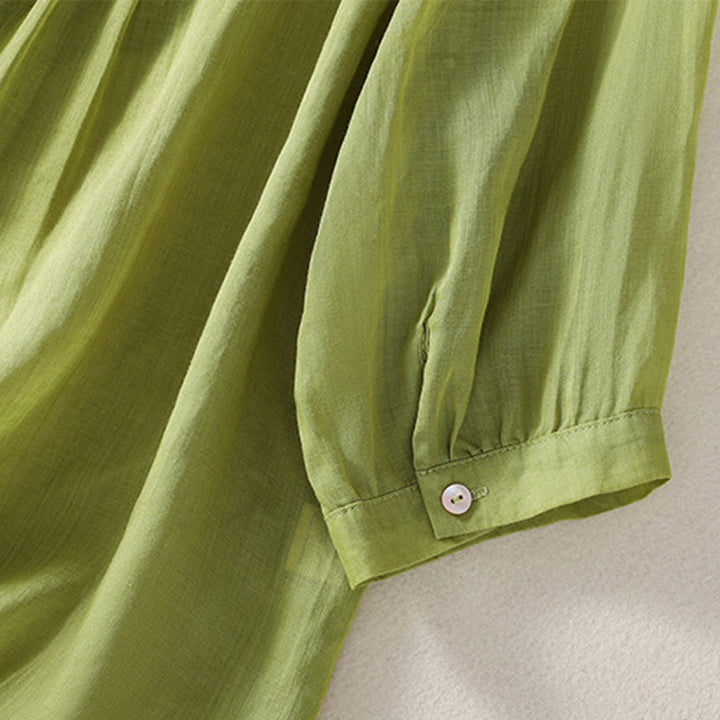 T-shirt décontracté à manches courtes et col en V pour femme, motif brodé Buddha Stones , en coton et lin - image 19