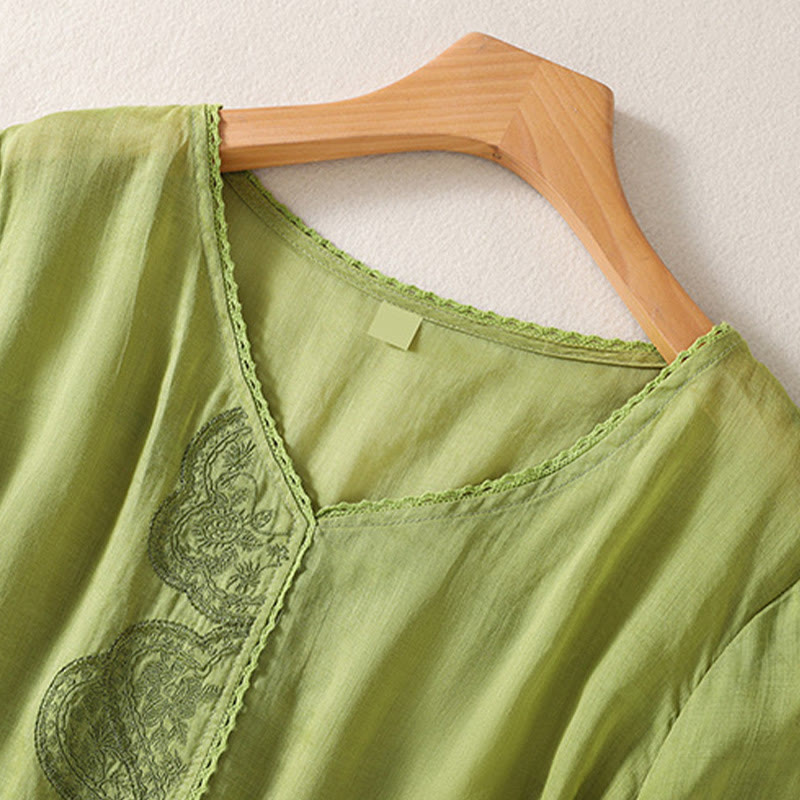 T-shirt décontracté à manches courtes et col en V pour femme, motif brodé Buddha Stones , en coton et lin - image 18